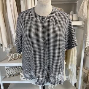 Koret Womens Petite Sz XL Black Embroidered Gingham Button Up Shirt Jacket #2790